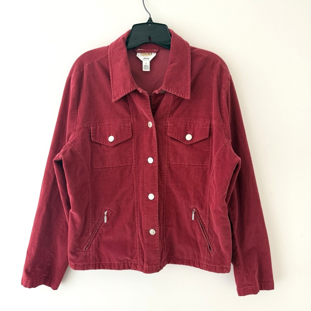 Y2K Red Corduroy Jacket Womens Petite L Zipper Pockets Button Front Classic